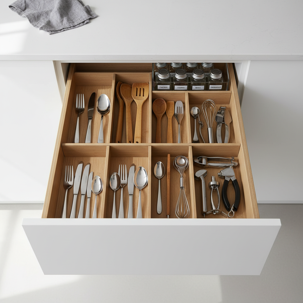 A minimalist kitchen drawer pulled open within a sleek, matte white kitchen, revealing an impeccably organized interior. Natural wood dividers separate rows of neatly aligned cutlery, bamboo utensils, and stainless-steel tools, each in its designated compartment. At the back, slim containers hold spice jars with simple, uniform labels facing forward. The surrounding quartz countertop is completely clear except for a single folded linen towel. Soft overcast daylight pours in from a nearby window, creating subtle reflections on the metal and gentle shadows within the drawer. Photographed from directly above in a clean, top-down composition, the photographic image emphasizes order, functionality, and a sophisticated, clutter-free aesthetic.