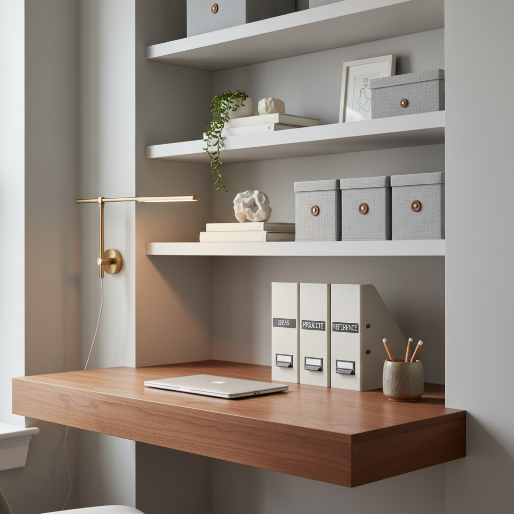 A compact home office nook carved into a wall alcove, with a floating walnut desk surface and slim white shelves extending up to the ceiling, every item deliberately placed. Labeled magazine files, a tight row of neutral storage boxes, and a minimal number of curated objects maintain a clean, cohesive palette of warm woods, whites, and soft grays. Hidden cable management keeps the desktop entirely clear except for a closed laptop and a single ceramic pen cup. Indirect natural light from the side is augmented by a slim brass task light, creating a calm, focused glow. Photographed from a three-quarter angle with moderate depth of field, the photographic realism image expresses quiet productivity and sophisticated organization in a small, previously cluttered corner.