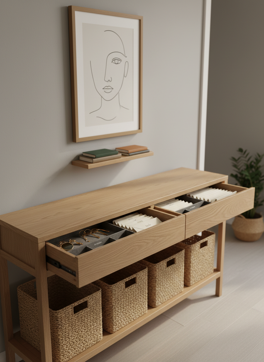 An elegantly organized entryway console table in light oak, with slim drawers slightly ajar to reveal neatly divided compartments holding keys, sunglasses, and mail sorted into labeled envelopes. Below, a row of matching woven baskets lines a lower shelf, each perfectly aligned. On the wall above, a single oversized framed line drawing hangs against a soft greige backdrop, with a narrow wall-mounted shelf holding a small stack of leather-bound notebooks. Diffused morning light streams from the right, creating a serene, welcoming atmosphere. Captured from a slightly elevated angle with a shallow depth of field that softly blurs the distant hallway, the photographic image feels refined, minimalist, and impeccably ordered.