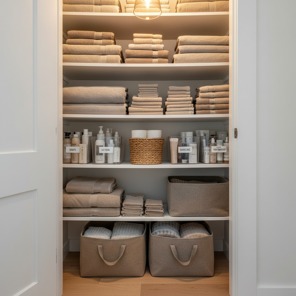 A cozy yet perfectly organized linen closet with white built-in shelves filled with tightly folded bath sheets, hand towels, and washcloths arranged by size and soft neutral tones. Clear acrylic bins with minimalist labels contain neatly stacked toiletries and extra bath products, while a lidded woven basket holds spare toilet rolls. On the floor, two large fabric bins in warm gray store extra blankets, edges aligned with the shelf supports. Soft, warm pendant lighting from above casts an inviting glow, creating gentle shadows that emphasize texture and depth. Captured from just outside the open door at eye level, the photographic composition feels intimate, serene, and sophisticated, showcasing a small space transformed from chaotic to beautifully ordered.