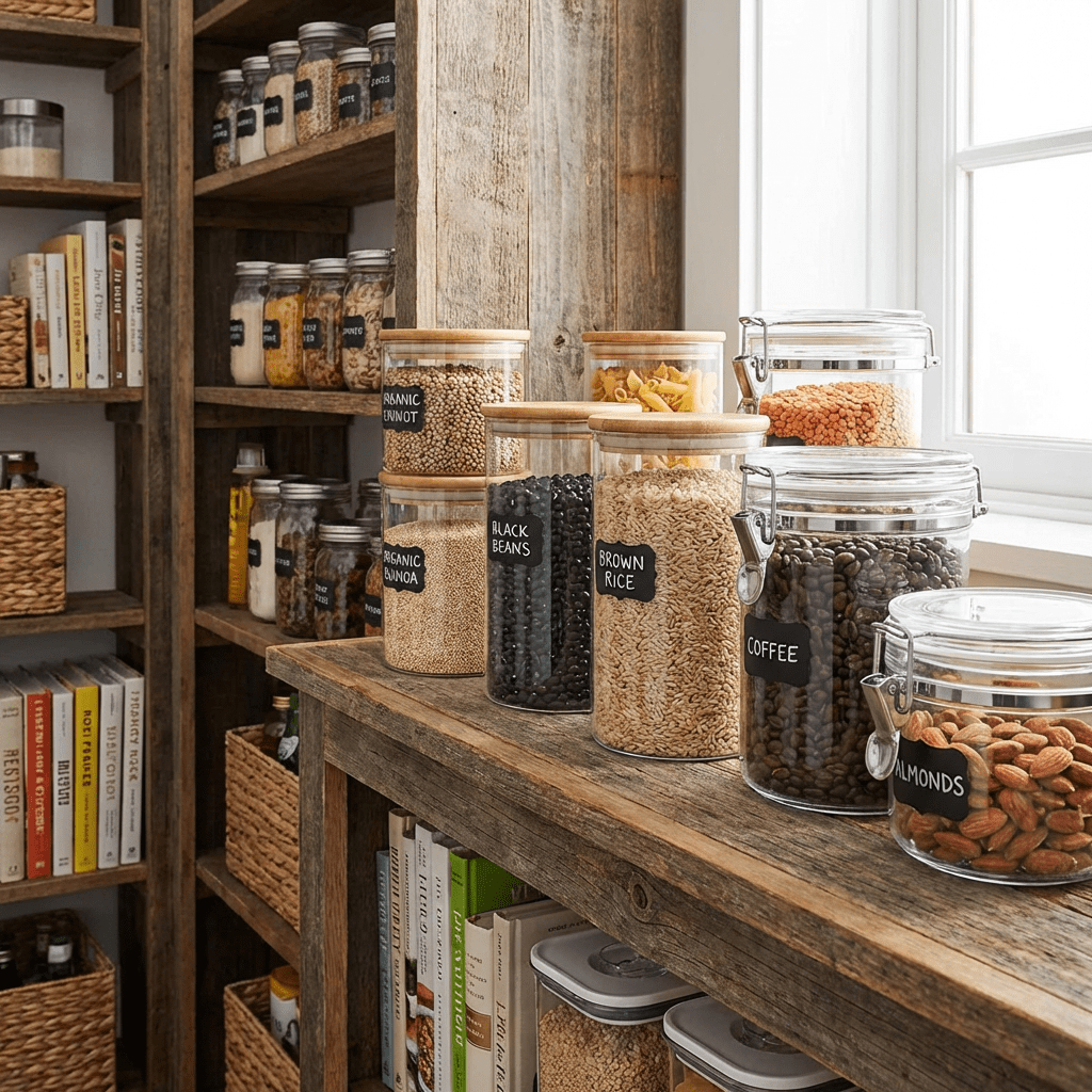 Clear jars with labels for organic quinoa, black beans, brown rice, coffee, almonds, lentils, and pasta on wooden shelves